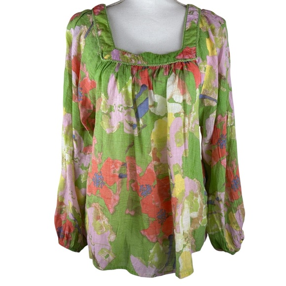 Hope And Harlow Green Floral Square Neck Long Sleeve Flowy Pullover Top Large - Picture 1 of 8